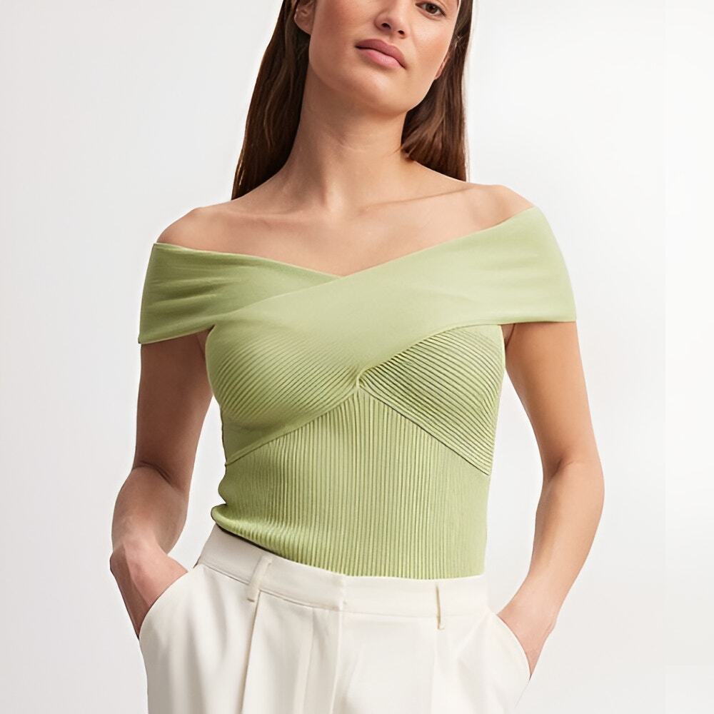 Na-Kd Womens Basic Summer Crisscross Rib Knitted Off Shoulder Top Size M Green